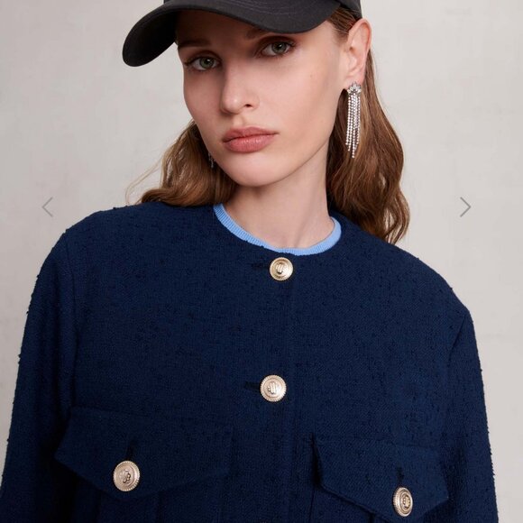 BNWT MAJE tweed bomber jacket navy S - Picture 1 of 6